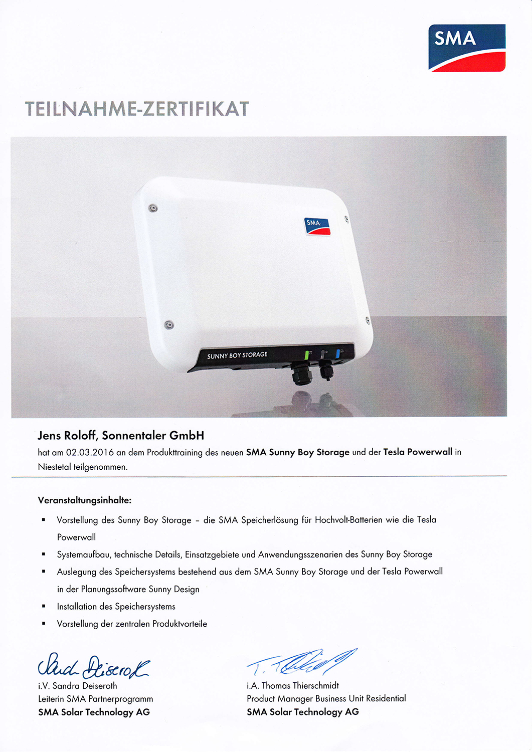 Teilnahme-Zertifikat SMA Sunny Boy Storage